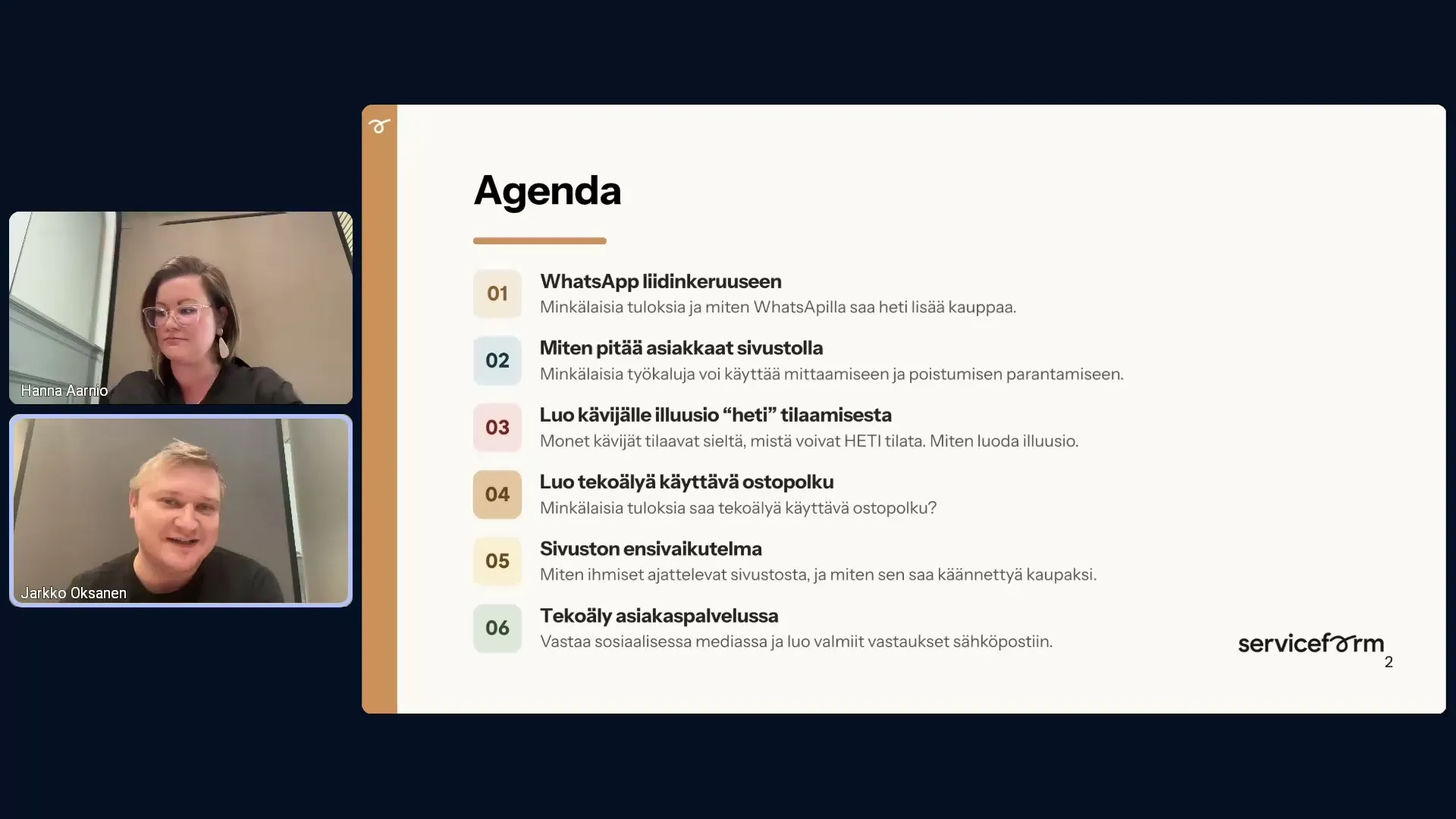 Webinaarin kuusi aihetta: WhatsApp, kävijöiden pitäminen sivustolla, helppo tilaaminen, tekoälyä käyttävä ostopolku, ensivaikutelma ja tekoäly asiakaspalvelussa.