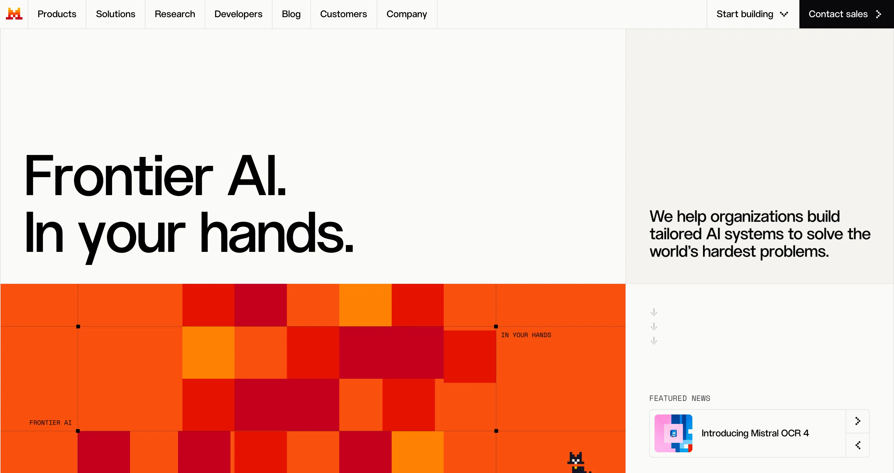 Mistral, the European AI model, on the mistral.ai homepage with the line "Frontier AI. In your hands."