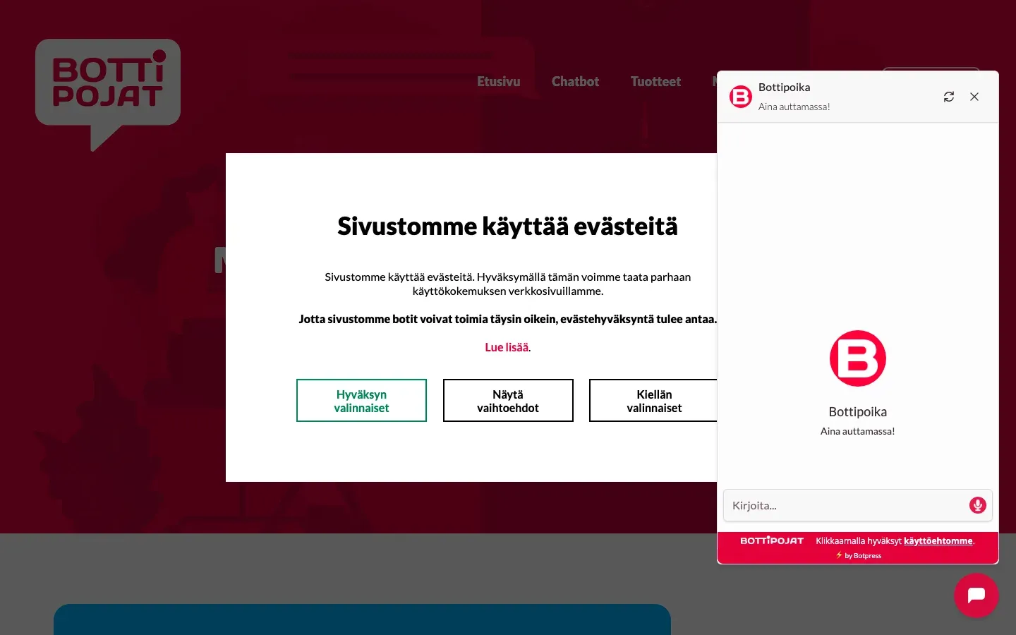 BottiPoikien MyyntiMestari-chatbot verkkosivulla.