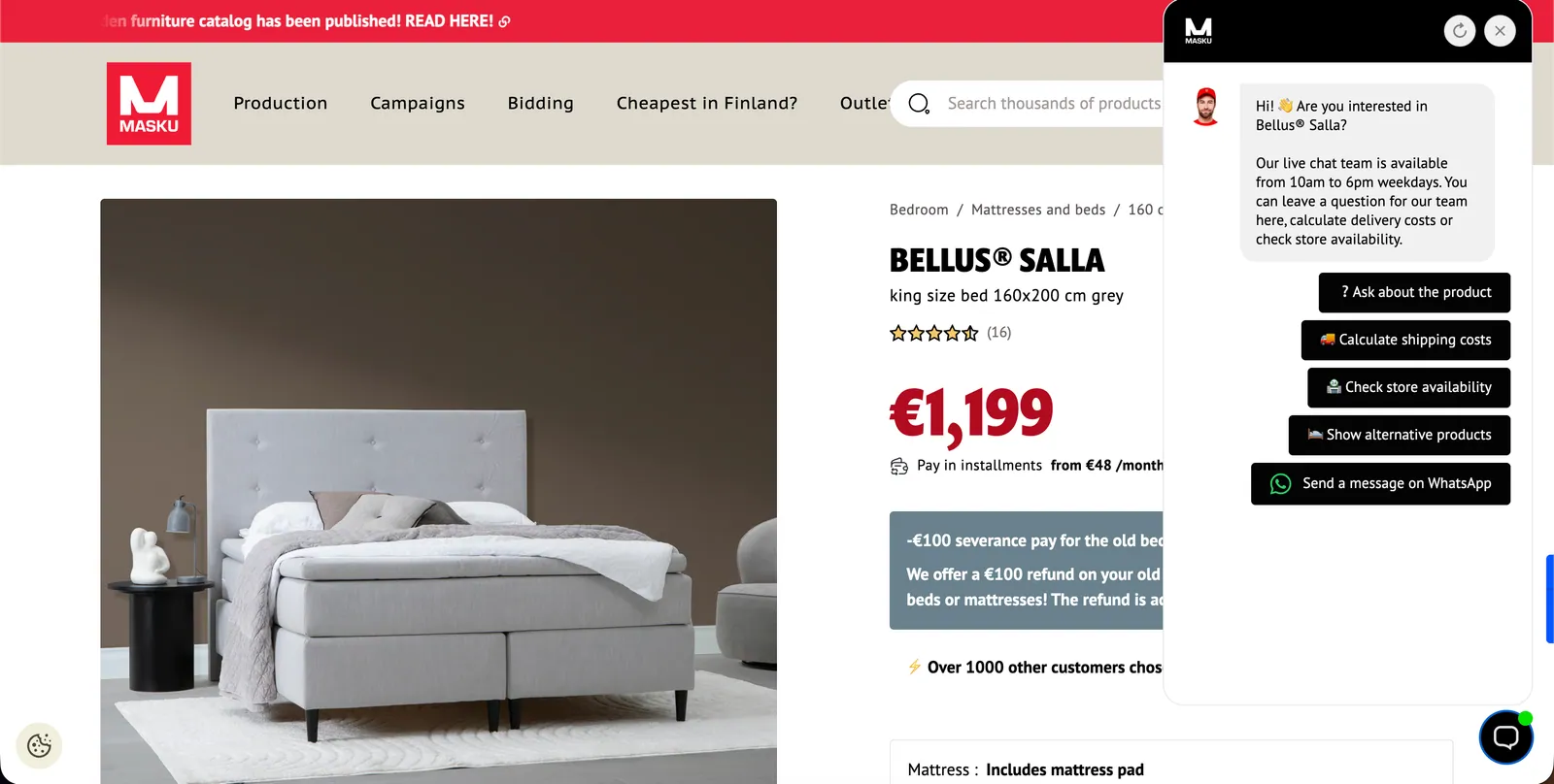 furniture product page showing a grey king-size bed priced at €1,199 with an open customer support chat widget on the right