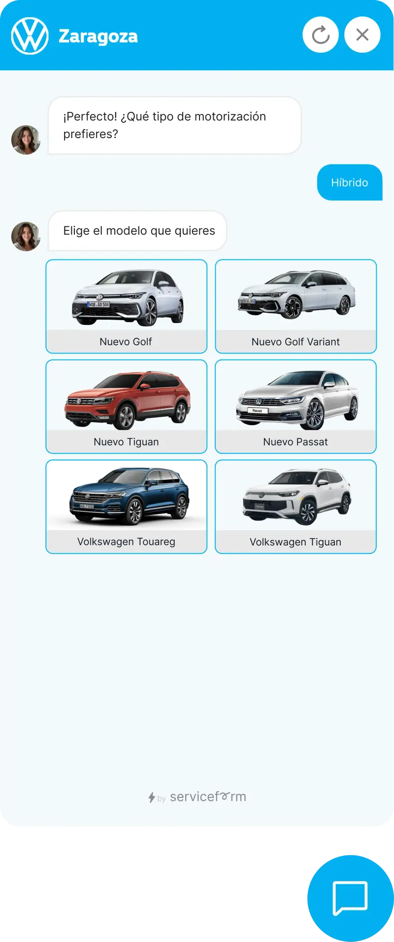 Serviceform bot on a dealership website, test drive booking example