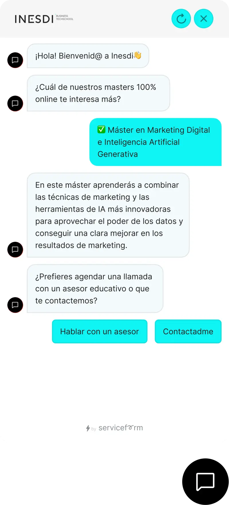 Serviceform bot on an education website, course guidance example
