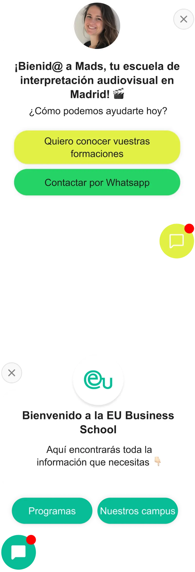 Serviceform bot on an education website, admissions chat example
