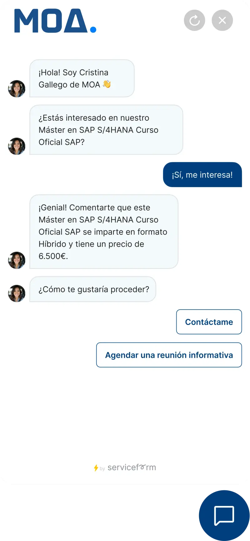 Serviceform bot on an education website, enquiry capture example