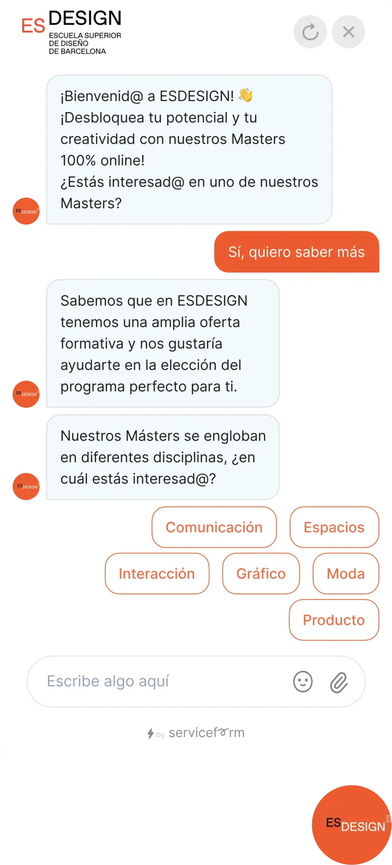 Serviceform bot on an education website, enrollment example