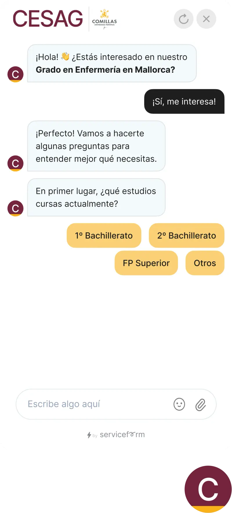 Serviceform bot on an education website, student support example