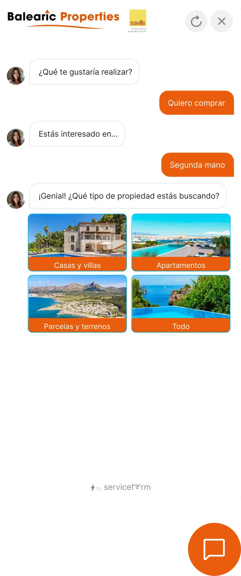 Serviceform bot on a real estate website, property search example