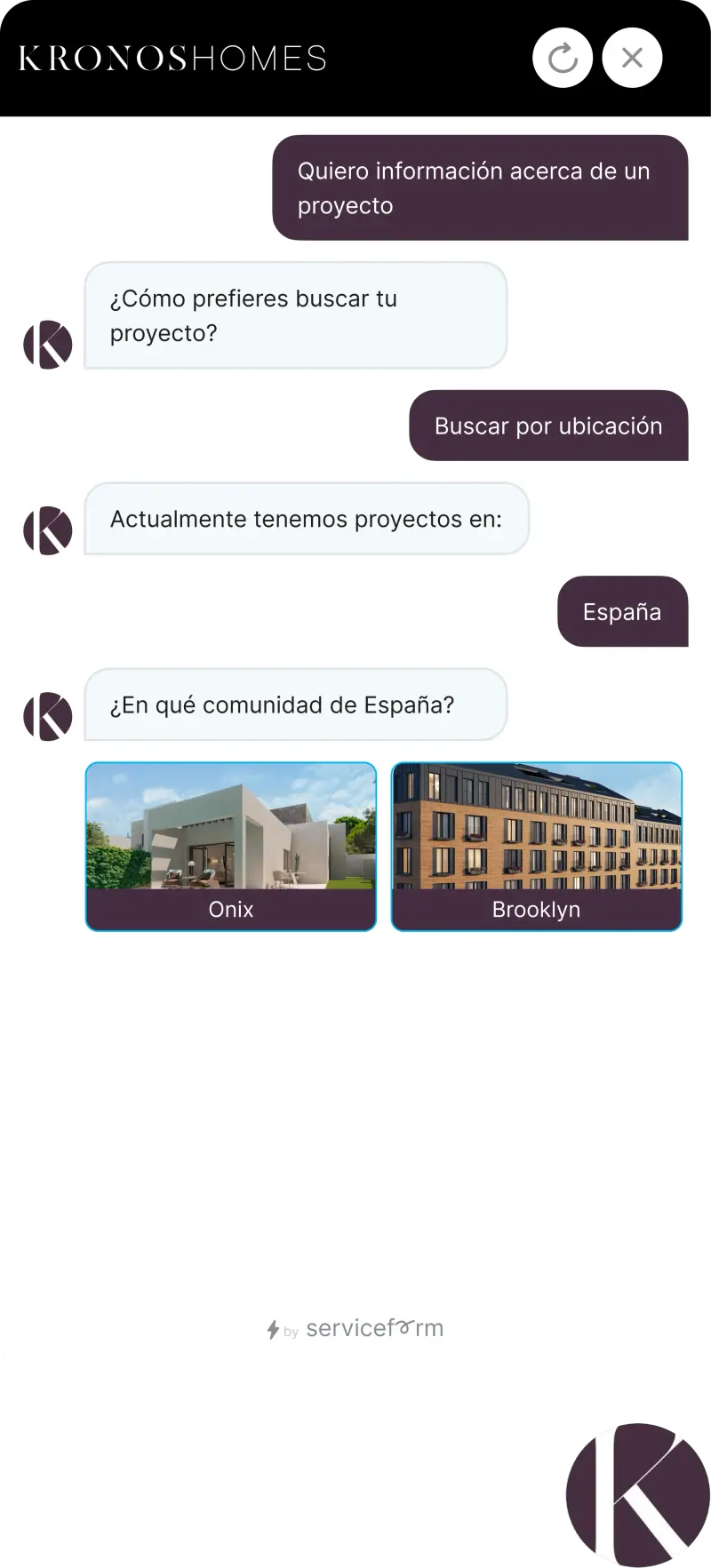 Serviceform bot on a real estate website, buyer qualification example