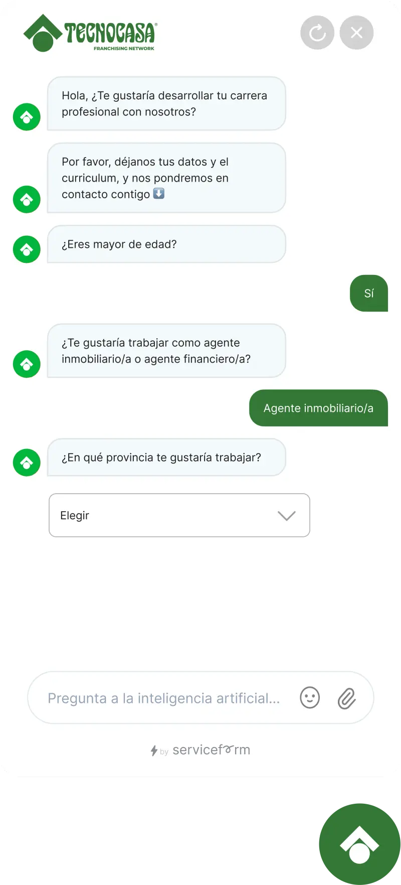 Serviceform bot on a real estate website, seller lead example
